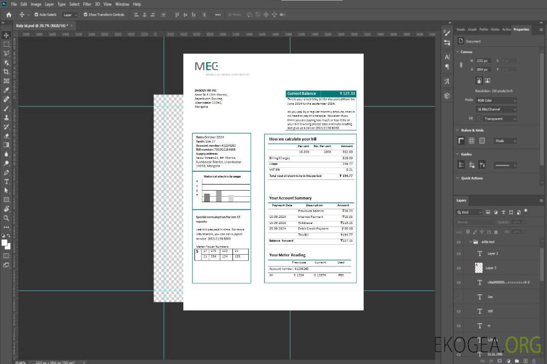 Modèle de facture de services publics d'électricité de la Mongolia Energy Corporation (MEC) aux formats Word et PDF template